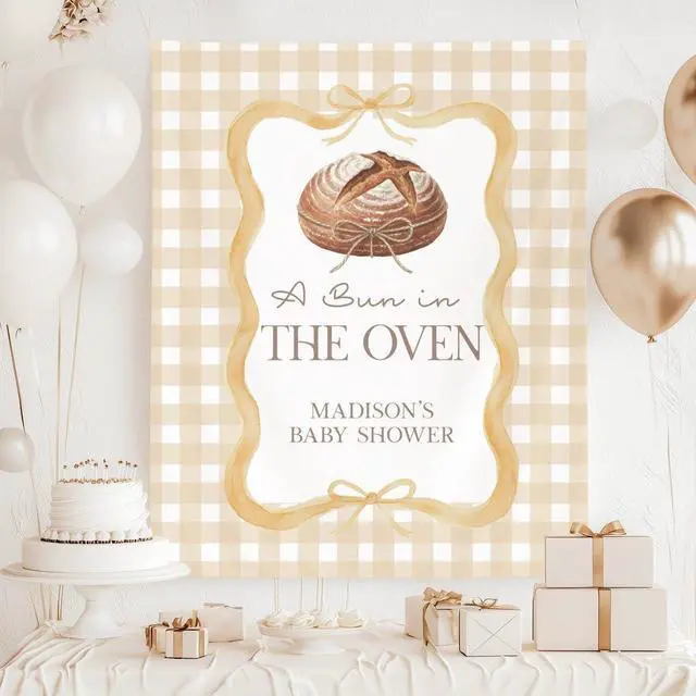 Main image of Bun In The Oven Baby Shower Party Banner Backdrop, Baking Theme Decor For Mom To Be Parents, Cute Bread Nursery Photo Background
