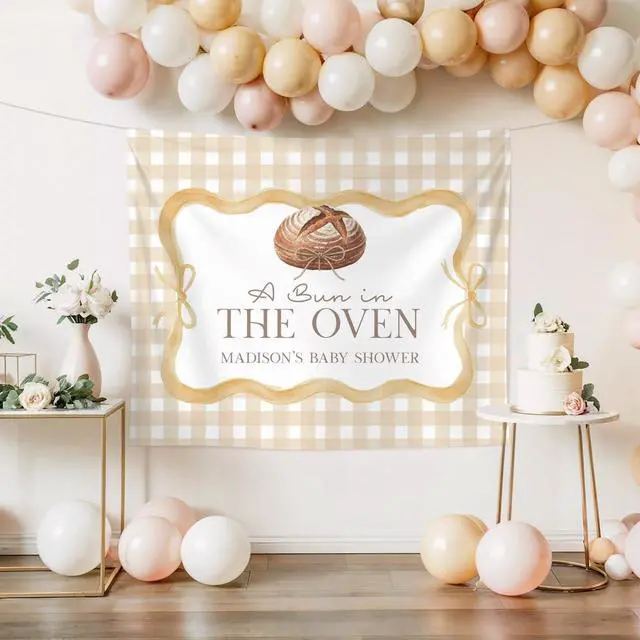 Alt view image 2 of 7 - Bun In The Oven Baby Shower Party Banner Backdrop, Baking Theme Decor For Mom To Be Parents, Cute Bread Nursery Photo Background