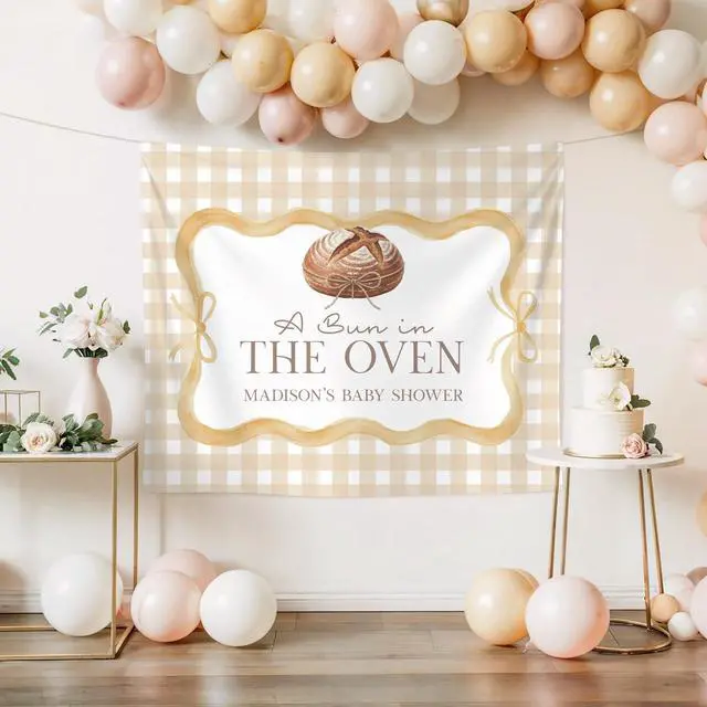 Alt view image 3 of 7 - Bun In The Oven Baby Shower Party Banner Backdrop, Baking Theme Decor For Mom To Be Parents, Cute Bread Nursery Photo Background