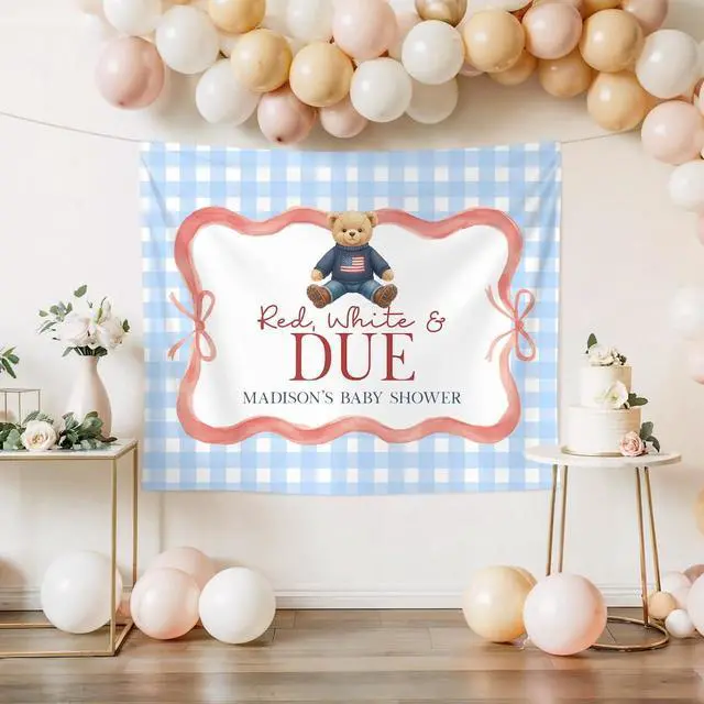 Alt view image 3 of 7 - Red White And Due Baby Shower Party Banner Backdrop, Teddy Bear USA Theme Decor For Baby Sprinkle Parents, Patriotic Nursery Photo Background
