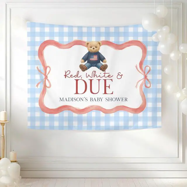 Alt view image 2 of 7 - Red White And Due Baby Shower Party Banner Backdrop, Teddy Bear USA Theme Decor For Baby Sprinkle Parents, Patriotic Nursery Photo Background