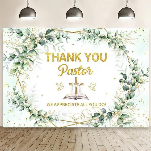 Main image of 7x5ft Thank You Pastor Eucalyptus Leaves and Cross Backdrop Pastor Appreciation Week Banner Pastor Anniversary Appreciation Month Retirement Party Photo Booth Props
