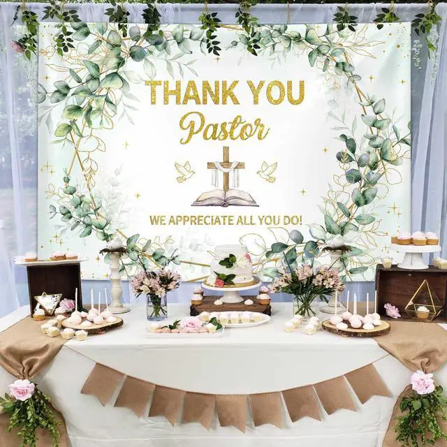Alt view image 2 of 7 - 7x5ft Thank You Pastor Eucalyptus Leaves and Cross Backdrop Pastor Appreciation Week Banner Pastor Anniversary Appreciation Month Retirement Party Photo Booth Props
