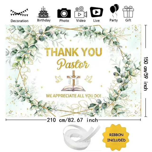 Alt view image 3 of 7 - 7x5ft Thank You Pastor Eucalyptus Leaves and Cross Backdrop Pastor Appreciation Week Banner Pastor Anniversary Appreciation Month Retirement Party Photo Booth Props