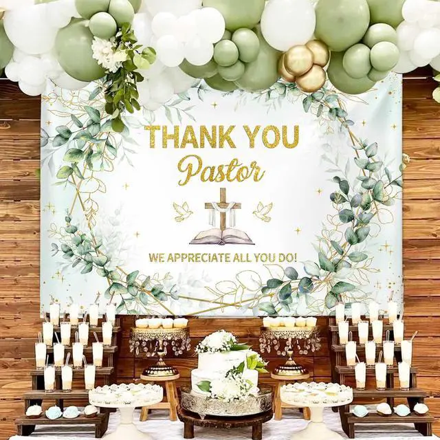 Alt view image 5 of 7 - 7x5ft Thank You Pastor Eucalyptus Leaves and Cross Backdrop Pastor Appreciation Week Banner Pastor Anniversary Appreciation Month Retirement Party Photo Booth Props