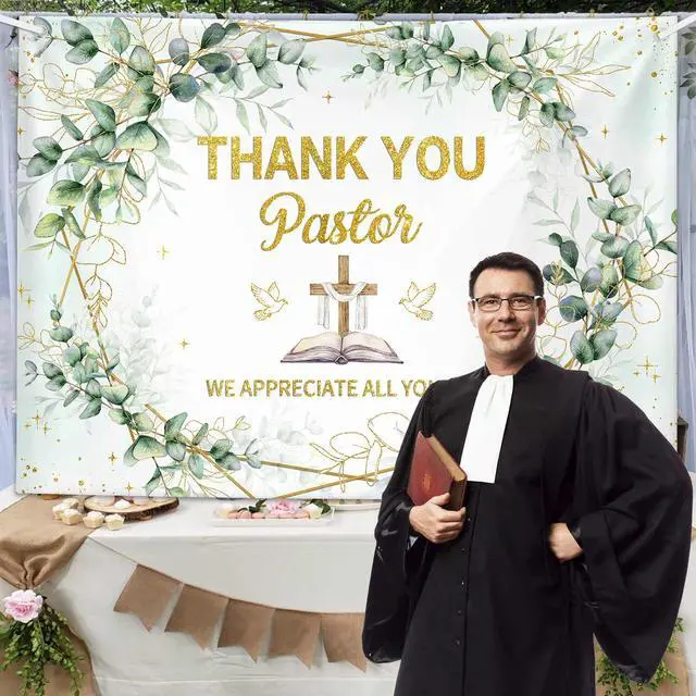 Alt view image 4 of 7 - 7x5ft Thank You Pastor Eucalyptus Leaves and Cross Backdrop Pastor Appreciation Week Banner Pastor Anniversary Appreciation Month Retirement Party Photo Booth Props