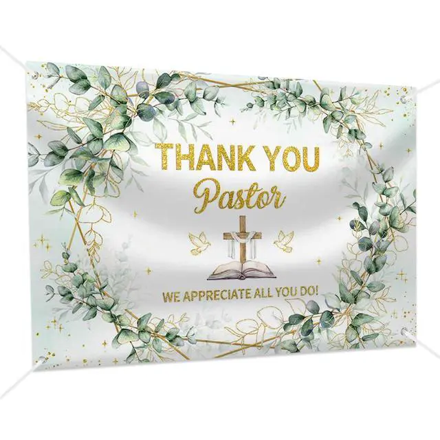 Alt view image 7 of 7 - 7x5ft Thank You Pastor Eucalyptus Leaves and Cross Backdrop Pastor Appreciation Week Banner Pastor Anniversary Appreciation Month Retirement Party Photo Booth Props
