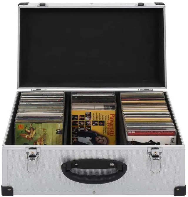 Main image of CD Storage Case for 60 CDs, Aluminum ABS Hard Box with Lock, Silver Media Organizer Box, Reinforced Metal Trimmed Protective Carrying Holder