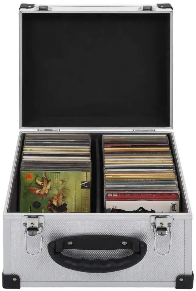 Main image of CD Storage Case for 40 CDs, Aluminum ABS Hard Shell Carrying Box, Portable Organizer Holder with Lock, Reinforced Edges, Silver