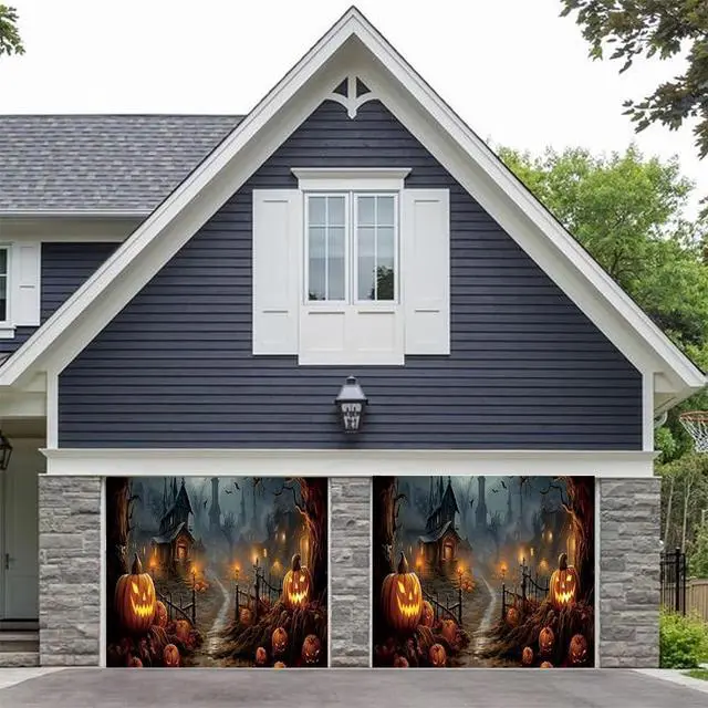 Alt view image 2 of 6 - 7x8ft Halloween Garage Door Decoration Banner - Haunted House Scary Castle Cemetery Spooky Party - Polyester Fabric - Indoor/Outdoor - Includes 20ft Rope & Copper Rings