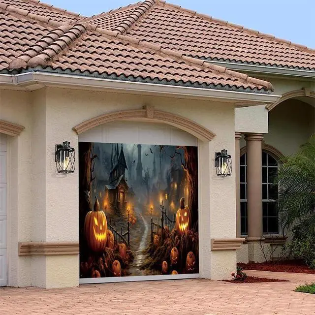 Alt view image 3 of 6 - 7x8ft Halloween Garage Door Decoration Banner - Haunted House Scary Castle Cemetery Spooky Party - Polyester Fabric - Indoor/Outdoor - Includes 20ft Rope & Copper Rings