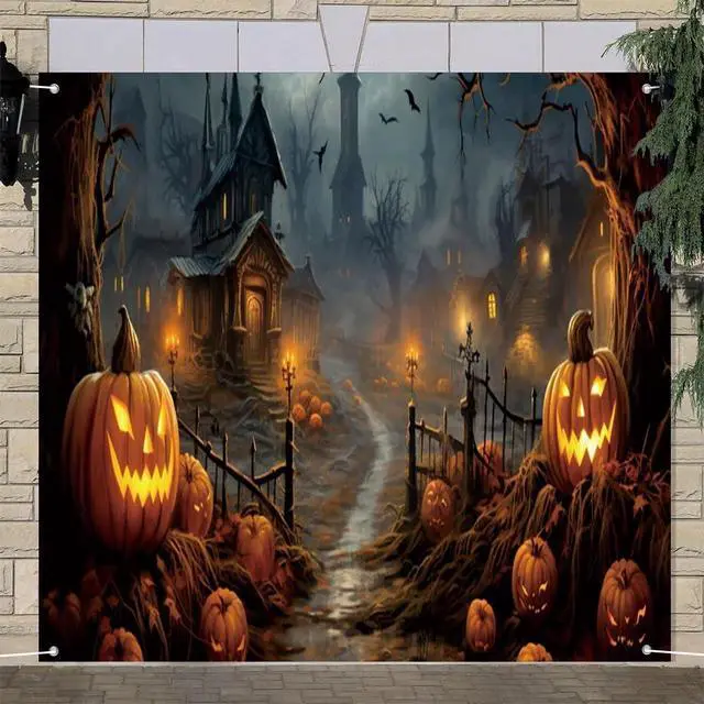 Alt view image 4 of 6 - 7x8ft Halloween Garage Door Decoration Banner - Haunted House Scary Castle Cemetery Spooky Party - Polyester Fabric - Indoor/Outdoor - Includes 20ft Rope & Copper Rings