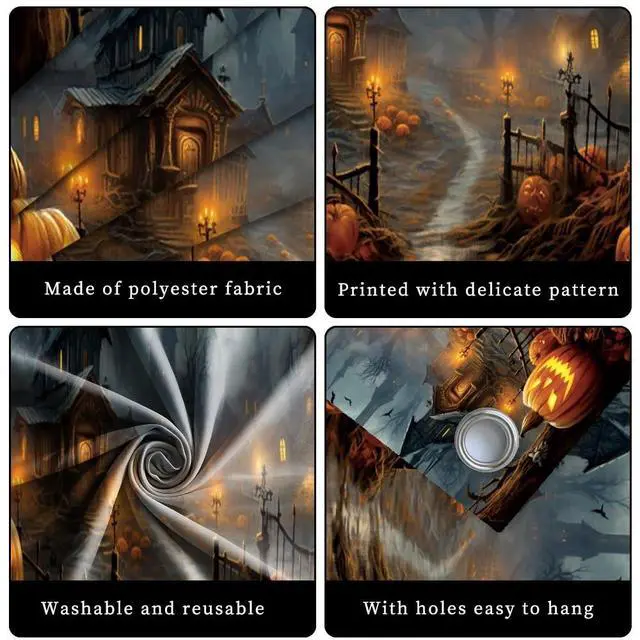 Alt view image 5 of 6 - 7x8ft Halloween Garage Door Decoration Banner - Haunted House Scary Castle Cemetery Spooky Party - Polyester Fabric - Indoor/Outdoor - Includes 20ft Rope & Copper Rings