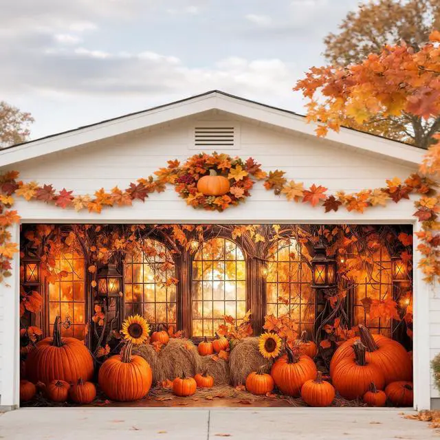 Main image of 16X7FT Fall Window Garage Door Decorations Cover, Autumn Pumpkin Maple Leaves Sunflowers Forest Scenery Garage Background Thanksgiving Party Indoor Outdoor Wall Window Yard Hanging Decor