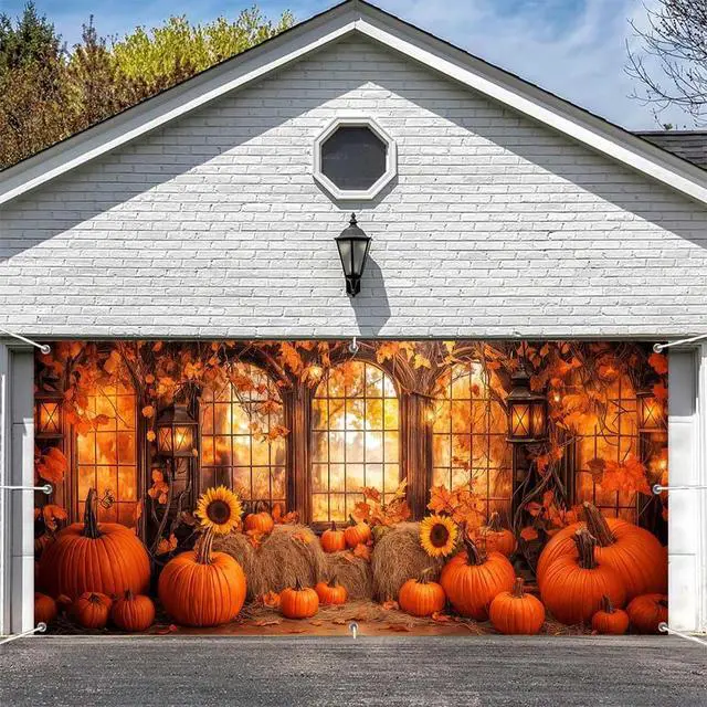 Alt view image 2 of 7 - 16X7FT Fall Window Garage Door Decorations Cover, Autumn Pumpkin Maple Leaves Sunflowers Forest Scenery Garage Background Thanksgiving Party Indoor Outdoor Wall Window Yard Hanging Decor