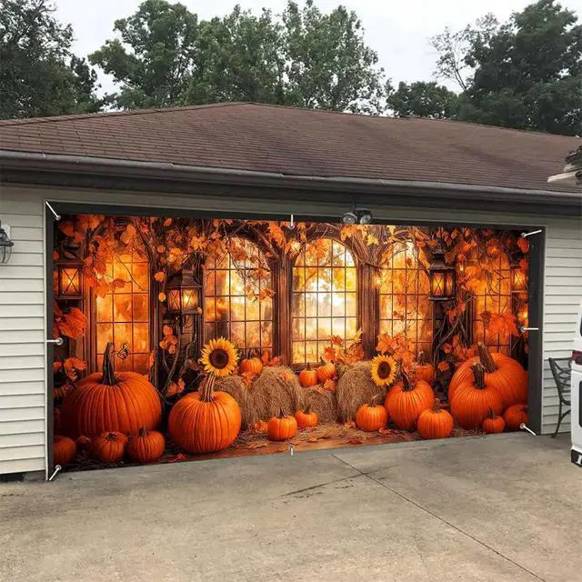 Alt view image 3 of 7 - 16X7FT Fall Window Garage Door Decorations Cover, Autumn Pumpkin Maple Leaves Sunflowers Forest Scenery Garage Background Thanksgiving Party Indoor Outdoor Wall Window Yard Hanging Decor