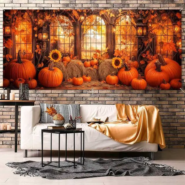 Alt view image 4 of 7 - 16X7FT Fall Window Garage Door Decorations Cover, Autumn Pumpkin Maple Leaves Sunflowers Forest Scenery Garage Background Thanksgiving Party Indoor Outdoor Wall Window Yard Hanging Decor
