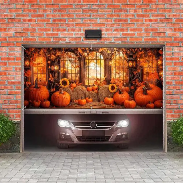 Alt view image 5 of 7 - 16X7FT Fall Window Garage Door Decorations Cover, Autumn Pumpkin Maple Leaves Sunflowers Forest Scenery Garage Background Thanksgiving Party Indoor Outdoor Wall Window Yard Hanging Decor
