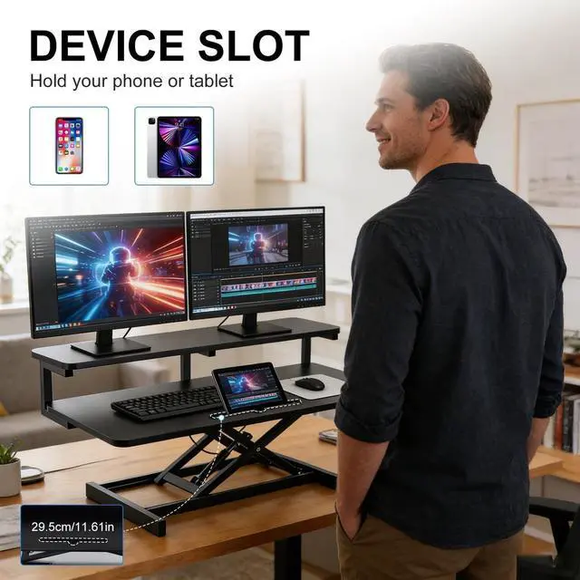 Alt view image 2 of 7 - Ergonomic Desk Riser for Standing Height Adjustable Standing Desk Converter 10.2-24.8" 33 Lbs Capacity U-Shapeds Top & Keyboard Tray for Home Office Black