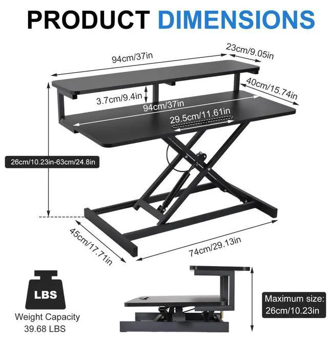 Alt view image 4 of 7 - Ergonomic Desk Riser for Standing Height Adjustable Standing Desk Converter 10.2-24.8" 33 Lbs Capacity U-Shapeds Top & Keyboard Tray for Home Office Black