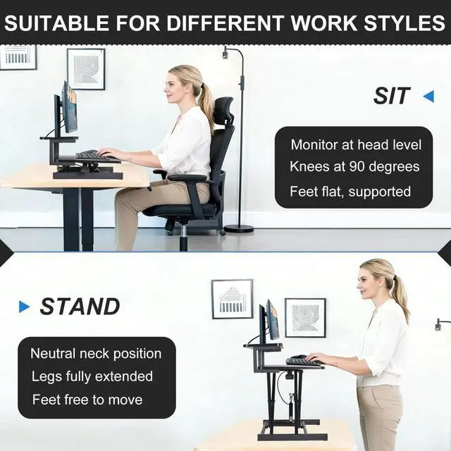 Alt view image 6 of 7 - Ergonomic Desk Riser for Standing Height Adjustable Standing Desk Converter 10.2-24.8" 33 Lbs Capacity U-Shapeds Top & Keyboard Tray for Home Office Black