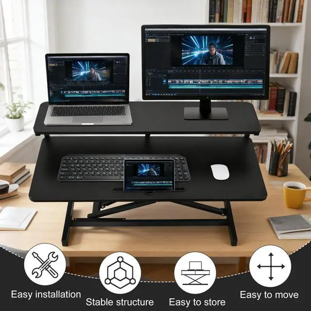 Alt view image 7 of 7 - Ergonomic Desk Riser for Standing Height Adjustable Standing Desk Converter 10.2-24.8" 33 Lbs Capacity U-Shapeds Top & Keyboard Tray for Home Office Black