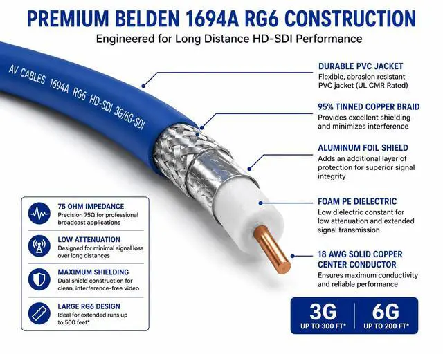 Alt view image 3 of 7 - Belden 1694A HD-SDI BNC to BNC Cable | RG6 75 Ohm | SD, HD, 3G & 6G-SDI - Blue 200ft