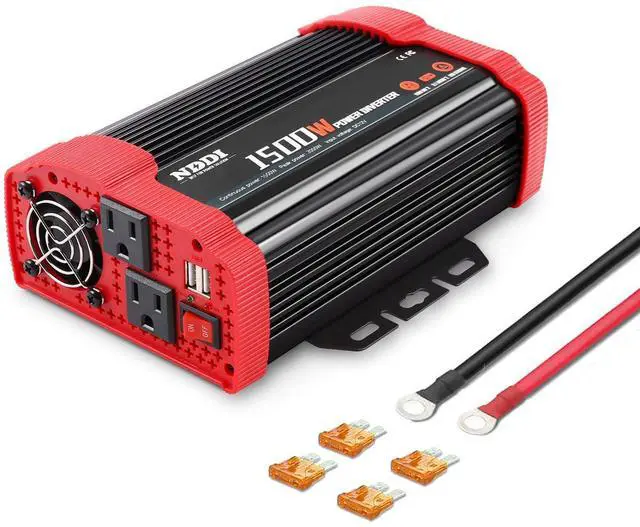 Main image of NDDI 1500W Car Power Inverter, 12V DC to 110V AC Car Converter Charger Adapter with Dual 3.1A USB Port and AC Outlets, Red, 1.98lbs, 9.4 x 5.1 x 2.6 in, 1 Pack