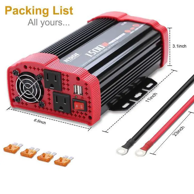 Alt view image 2 of 7 - NDDI 1500W Car Power Inverter, 12V DC to 110V AC Car Converter Charger Adapter with Dual 3.1A USB Port and AC Outlets, Red, 1.98lbs, 9.4 x 5.1 x 2.6 in, 1 Pack