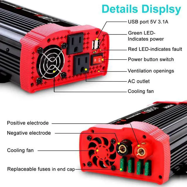 Alt view image 3 of 7 - NDDI 1500W Car Power Inverter, 12V DC to 110V AC Car Converter Charger Adapter with Dual 3.1A USB Port and AC Outlets, Red, 1.98lbs, 9.4 x 5.1 x 2.6 in, 1 Pack
