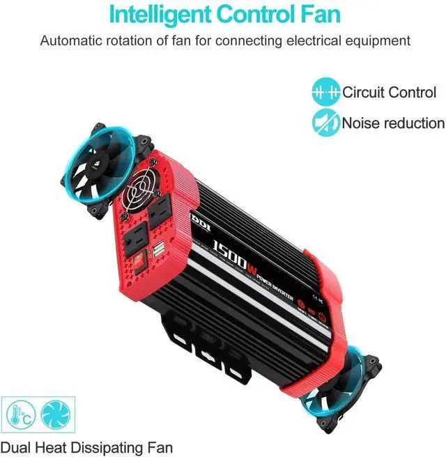 Alt view image 4 of 7 - NDDI 1500W Car Power Inverter, 12V DC to 110V AC Car Converter Charger Adapter with Dual 3.1A USB Port and AC Outlets, Red, 1.98lbs, 9.4 x 5.1 x 2.6 in, 1 Pack