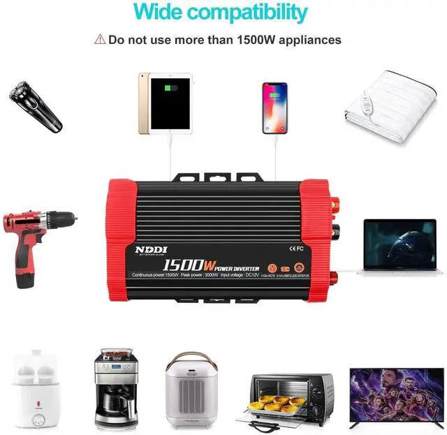 Alt view image 6 of 7 - NDDI 1500W Car Power Inverter, 12V DC to 110V AC Car Converter Charger Adapter with Dual 3.1A USB Port and AC Outlets, Red, 1.98lbs, 9.4 x 5.1 x 2.6 in, 1 Pack
