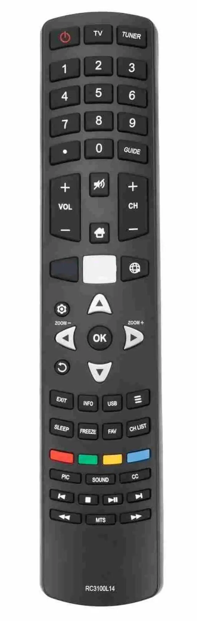 Main image of RC3100L14 TV Remote Control for TCL TV in Living Rooms or Rooms | Size approximately About 10 x 2 x 1 in, Replacement Remote Compatible Models L55S4910I 32D2900 32D2930 40E5900US 43D2900