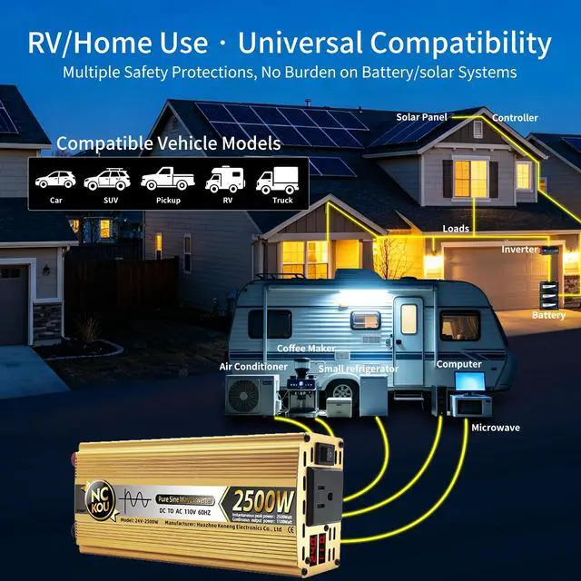 Alt view image 2 of 6 - 24V to 110V Pure Sine Wave Inverter, US Local Warehouse, 1100W Continuous 2500W Peak, 9 Protections LED Display Cooling Fan, Car RV Emergency Power Converter for Home Appliances & Tools