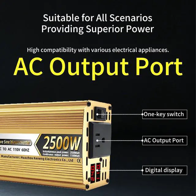 Alt view image 6 of 6 - 24V to 110V Pure Sine Wave Inverter, US Local Warehouse, 1100W Continuous 2500W Peak, 9 Protections LED Display Cooling Fan, Car RV Emergency Power Converter for Home Appliances & Tools
