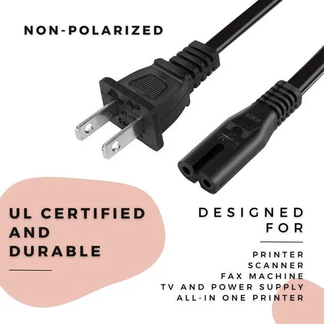 Alt view image 4 of 5 - 2 Pack 4 Ft 2-Prong Printer Power Cord Cable for HP OfficeJet Pro 8025e All-in-One Printer 1K7K3A#B1H