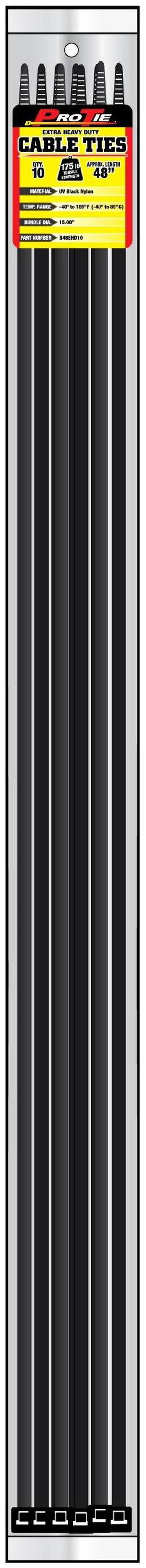 Main image of Pro Tie Extra Heavy Duty Cable Ties, Self-Locking Nylon Cable Wire Ties for Indoor and Outdoor Use | 48-Inch, 175 lbs. Tensile Strength, UV Black Nylon, 10-Pack (PN: B48EHD10)
