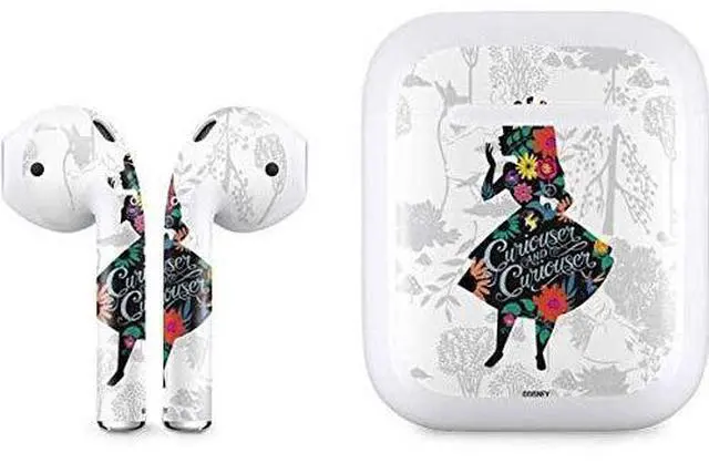 Main image of Decal Audio Skin Compatible with Apple AirPods - Officially Licensed Disney Alice in Wonderland (Animated) Silhouette Curiouser and Curiouser Design