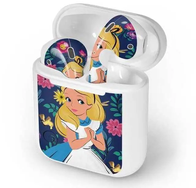 Alt view image 4 of 4 - Decal Audio Skin Compatible with Apple AirPods - Officially Licensed Disney Alice in Wonderland (Animated) Floral Print Design