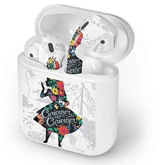 Alt view image 4 of 4 - Decal Audio Skin Compatible with Apple AirPods - Officially Licensed Disney Alice in Wonderland (Animated) Silhouette Curiouser and Curiouser Design