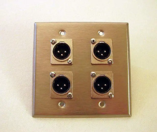 Main image of ProCraft Stainless Steel 2 Gang Plate Loaded Four Male Mic XLR's DPL-4XM-SS | Loaded stainless steel 2-gang wall plate with four male XLR microphone connectors