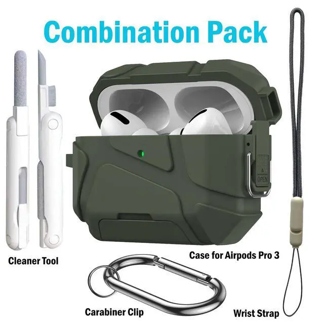 Alt view image 2 of 7 - Meteorite Series Bundle for Apple Airpods Pro 3 Case - Forest Green | Rugged Cover with Phone Stand, Includes Lanyard Strap, Carabiner Clip and Cleaning Tool, For A3063, A3064, A3065