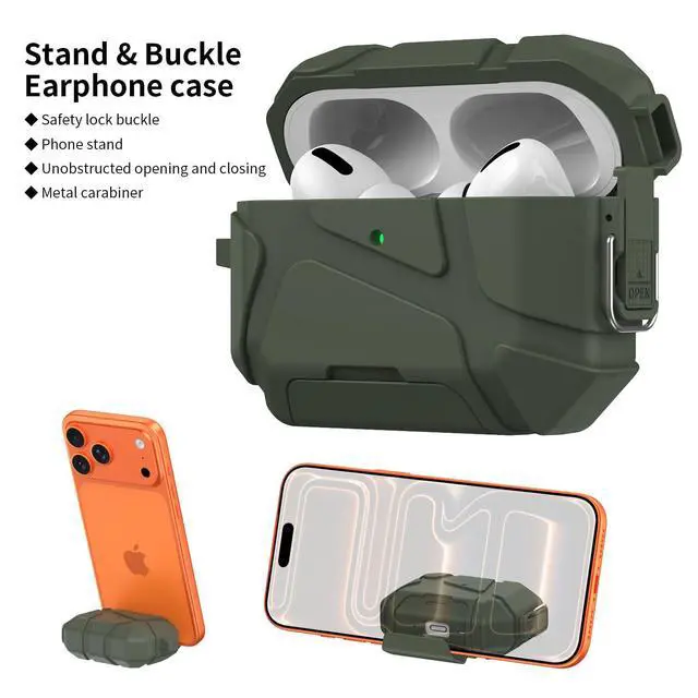 Alt view image 3 of 7 - Meteorite Series Bundle for Apple Airpods Pro 3 Case - Forest Green | Rugged Cover with Phone Stand, Includes Lanyard Strap, Carabiner Clip and Cleaning Tool, For A3063, A3064, A3065