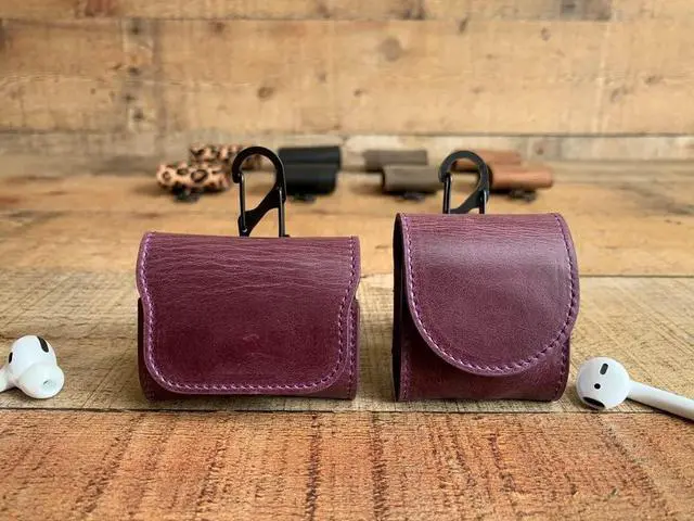 Alt view image 2 of 6 - Genuine Leather Handmade Apple AirPods Pro - Soft Case with Keychain Clip - Support Wireless Chargers - Compatible with AirPods Pro (Purple)