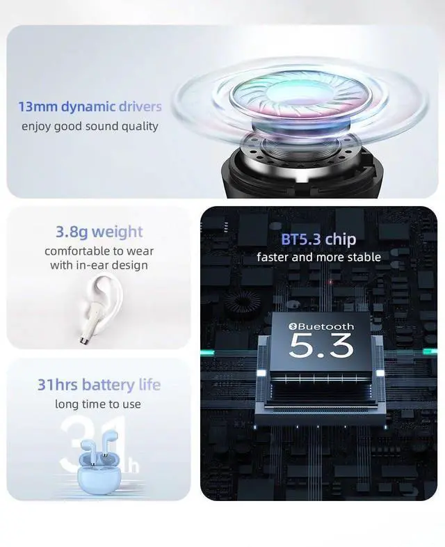 Alt view image 4 of 7 - for Samsung Galaxy A13 5G Wireless Earbuds Bluetooth 5.3 Headphones with Charging Case,Wireless Headphones with Noise Cancelling Mic,IPX4 Waterproof Earphones,Touch Control - Black