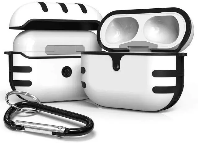 Main image of Rugged Hybrid Case for Apple Airpods Pro - White/Black | with Carabiner Keychain Clip, Fits Airpods Pro 1st Gen via 2019 (A2084, A2083)