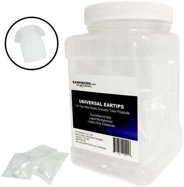 Main image of 100 Pack of Clear Rubber Eartips (Earbuds) for Two-Way Radio Acoustic Tube Surveillance Kits, Lapel Mics and Listen Only