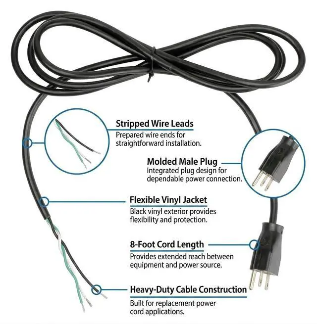 Alt view image 2 of 5 - 110V Power Supply Cord - Heavy-Duty Vinyl Cable (8 foot) | Durable Molded Male Plug, Moisture-Resistant Vinyl Jacket, Versatile Equipment Replacement