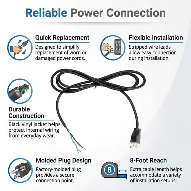 Alt view image 3 of 5 - 110V Power Supply Cord - Heavy-Duty Vinyl Cable (8 foot) | Durable Molded Male Plug, Moisture-Resistant Vinyl Jacket, Versatile Equipment Replacement