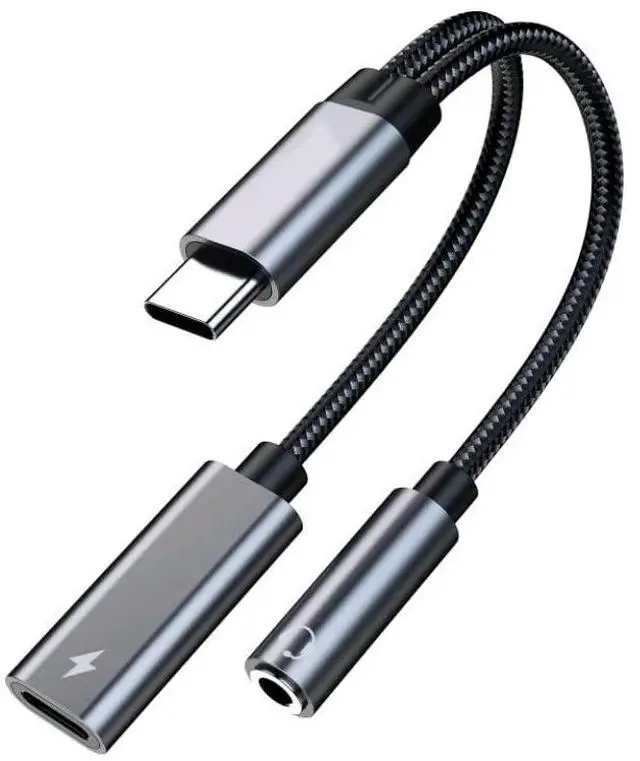 Main image of 2-in-1 USB C to 3.5mm Audio Jack Adapter and Charging Dongle Cable, Compatible with Samsung Note 20 Note 10 S22 S20 FE S21 Google Pixel 5 iPad Mini 2021 Pro and More (Gray)
